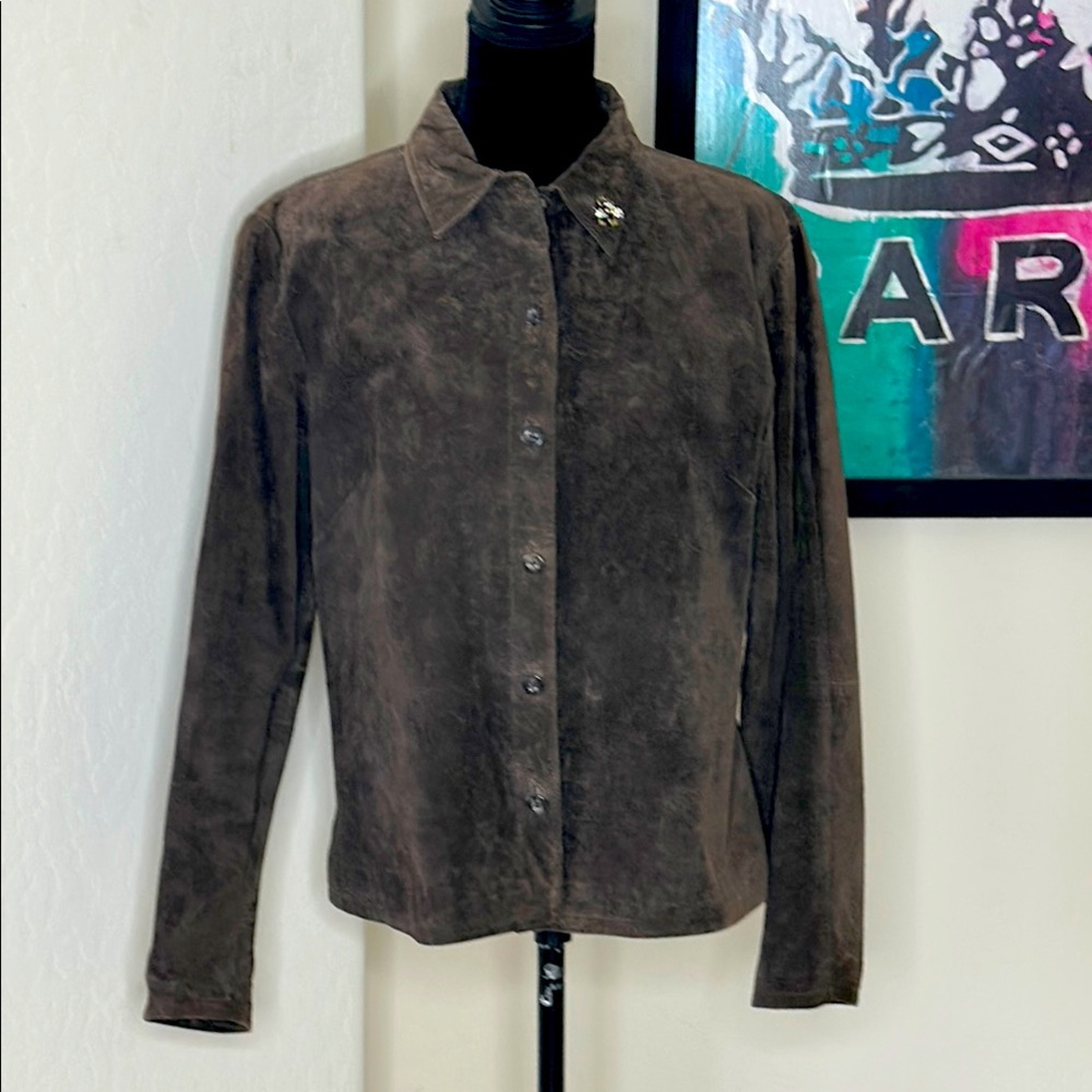 Gorgeous Chocolate Brown Suede Button-Up Shirt Jacket Size Large